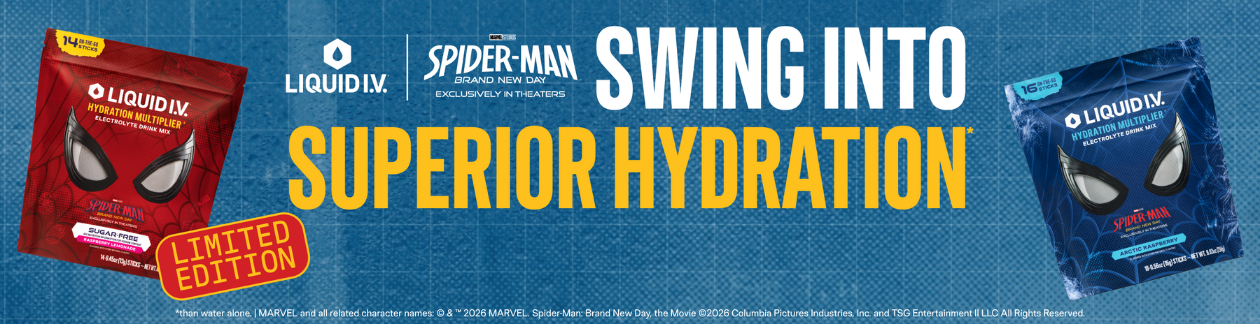 Liquid I.V. Limited edition Spider-Man collab packaging